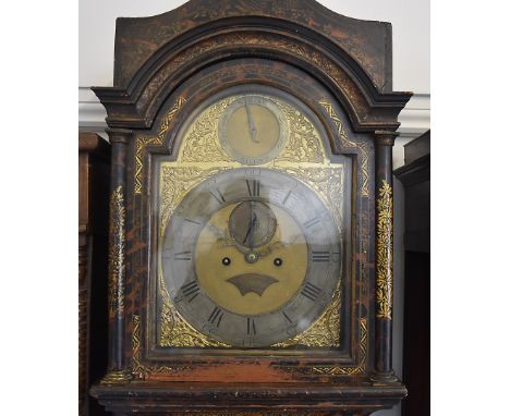 An 18th century chinoiserie long case clock, by Robert Cutbush Maidstone, with brass and silver chapter dial, Roman numerals,