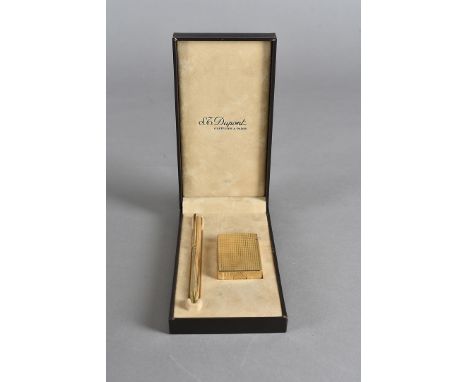A gold plated S J Dupont lighter and biro, in fitted case, marked to pen and lighter, 17 cm