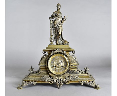 A 19th Century figural mounted ornate mixed metal mantel clock, silvered dial, gilt roman numerals, surmounted by a classical