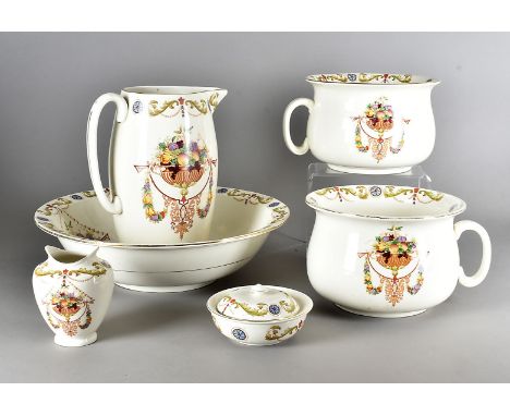 A James Kent Ltd Fenton Pottery wash set, transfer printed with fruit and swag design heightened in gilt, basin 40 cm diamete