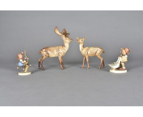 A Beswick Stag and matching Doe, together with two Hummel figures, Apple Tree Girl and Goose Girl (4)