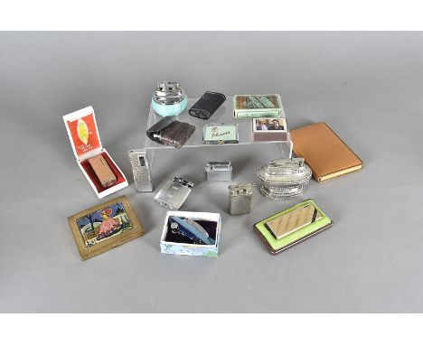 A novelty Sarome Blue-Bird lighter, a Players enamel example, an Art Deco cigarette case, a pig-skin example and other items 