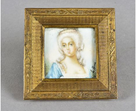 A Victorian. 19th Century portrait miniature, depicting a well dressed bust of a female in blue dress, indistinctly signed to