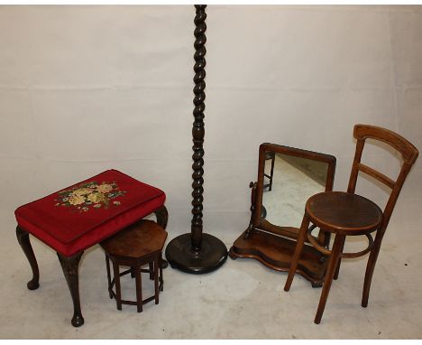 A child's correction chair, a mahogany dressing table mirror, a cabriole legged stool, standard lamp and an octagonal occasio