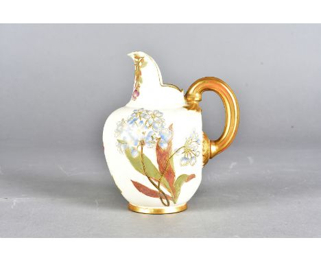 A Royal Worcester blush ivory floral decorated jug, with puce factory mark to base, signed HS, gilt handle and foot, 13 cm hi