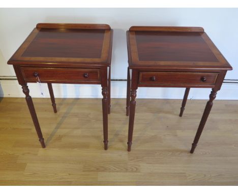 A pair of crossband lamp tables with a single drawer on turned reeded legs made by a local craftsman to a high standard - Hei
