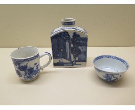 An 18th century Chinese soft paste porcelain tea caddy together with a coffee can and tea bowl - Height tallest 12cm - glaze 