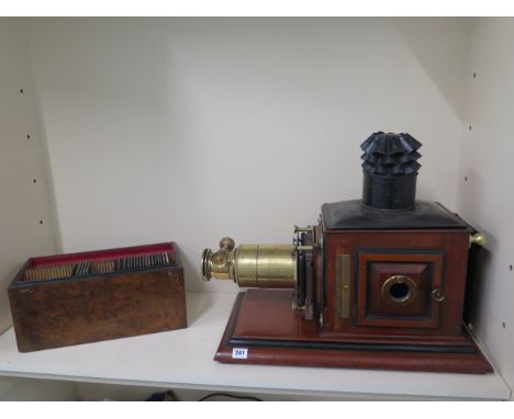 A good Magic Lantern projector - mahogany with brass fittings together with burr walnut slide box containing over 60 slides -