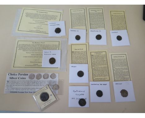 A collection of 10 Roman coins and a Persian silver coin 