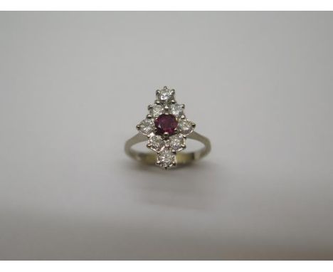 A vintage 18ct white gold marquise shape diamond and ruby ring, approx 0.80ct of diamonds, size K, head approx 16mm x 11mm, i