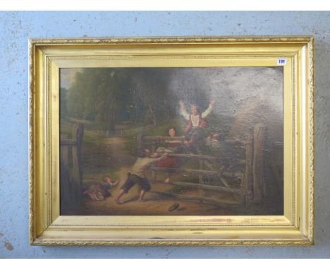 In the style of William Collins RA - Oil on canvas - Playing on the Gate - in a gilt frame - 70cm x 95cm - colours good but t