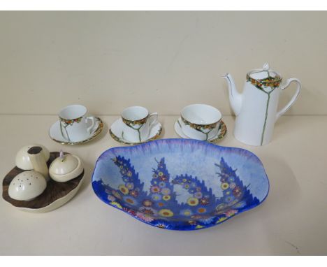A Carltonware mushroom cruet set - has crazing and chip and flaking to salt - and a Carltonware floral dish and a Meakin part