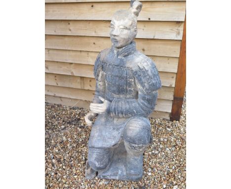 A clay replica Terracotta Army kneeling Archer - Height 117cm x 54cm x 49cm - head detaches - part of base broken, repairs to