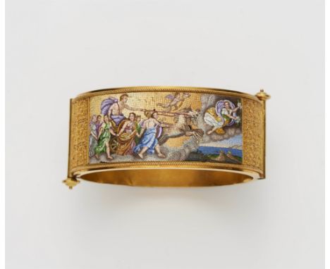 Souvenir-Armreif mit Mikromosaik18 kt Gelbgold, farbiges Glas. Hohler zweiteiliger Bandreif mit seitlichem Scharnier und Stec