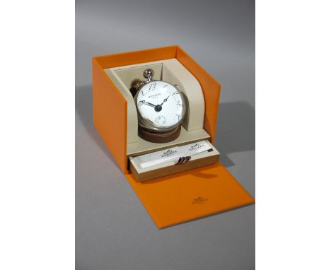 A Hermes Paris Boule desk clock with original box and papers, the white dial with applied Arabic numerals, subsidiary seconds
