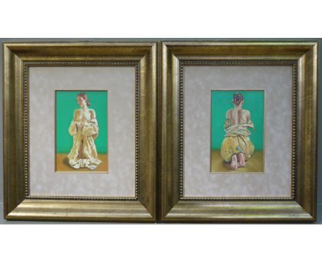 Anthony Christian (b 1945) Drapery, portrait of a semi-nude female, kneeling, wearing a gown, a pair, oil on panel, initialle