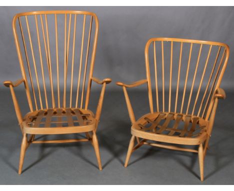 A pair of Ercol beech rail back armchairs, one with high back (103cm) and low back (82cm) (without cushions) 