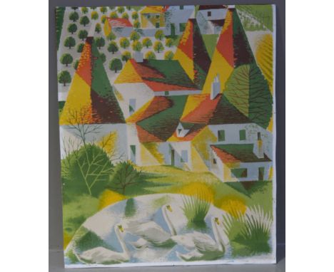 A 1950s screenprint of oast houses and swans in yellow, orange, green and grey, unframed, 46.5cm x 38.5cm (section from large