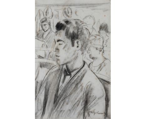 ARR Phillip Naviasky (1894-1983) portrait of a young man, half length, sitting on a bus amongst other passengers, charcoal, s