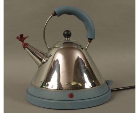 An Alessi model MG32 electric kettle, blue plastic base and conforming trim to the conical stainless steel body, the spout wi