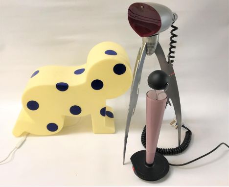 COLLECTION OF DESIGNER LIGHTS to include Slide 'Baby' lamp designed by R. Semprini in yellow with blue polka dots in original