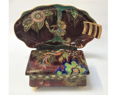 TWO PIECES OF ART DECO CARLTON WARE both on rouge ground, comprising a 'Secretary Bird' pattern dish with gilt highlights, nu