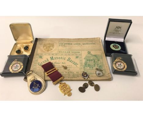 MASONIC INTERESTincluding a pair of brass cufflinks, a single cufflink, cased pair of cufflinks, three key fobs, tie pin, dou