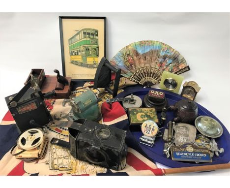 LOT OF VINTAGE COLLECTABLESincluding a railway lamp, AA car badges, a Pathescope Ace 9.5mm projector, a gilt carriage clock, 