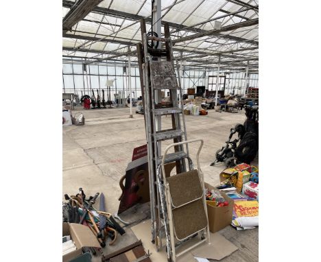 FOUR SETS OF FOLDING STEP LADDERS TO INCLUDE A SEVEN RUNG ALUMINIUM SET