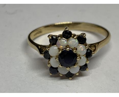 A 9 CARAT YELLOW GOLD RING WITH OPALS AND SAPPHIRES IN A CLUSTER DESIGN SIZE R