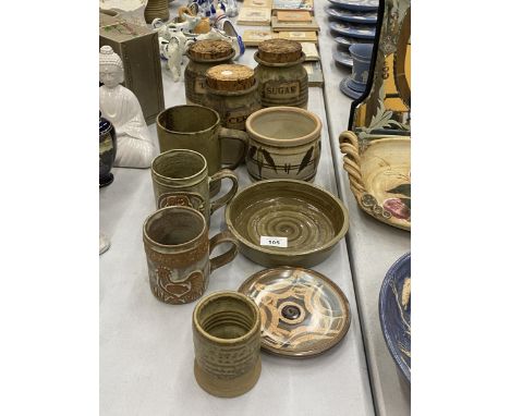 A COLLECTION OF STUDIO POTTERY TO INCLUDE VINTAGE TEA, COFFEE AND SUGAR JARS, TREMAR CORNISH STONEWARE POTTERY MUGS, ETC.,