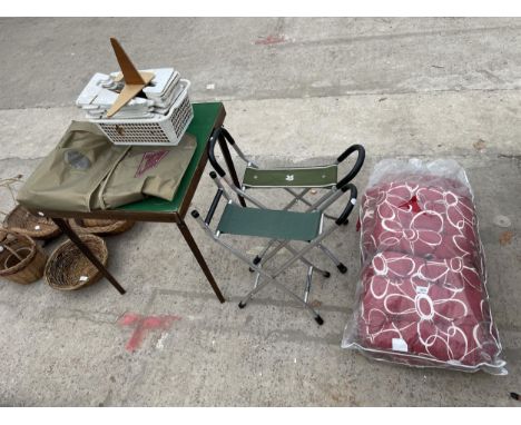 AN ASSORTMENT OF ITEMS TO INCLUDE A FOLDING CARD TABLE, CUSHIONS AND TWO FOLDING STOOLS ETC