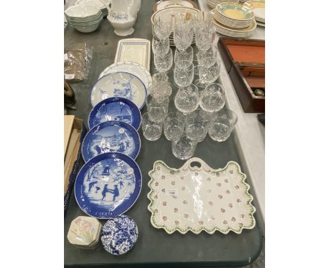 A LARGE QUANTITY OF CRYSTAL DRINKING GLASSES, ROYAL COPENHAGEN COLLECTOR'S PLATES, JAPANESE PORCELAIN PLATE, TRINKET BOXES, E