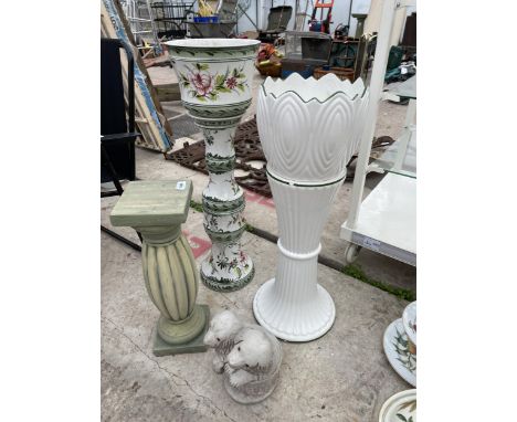 TWO CERAMIC JARDINAIRES AND STANDS, A COLUMN PEDESTAL AND A DOG