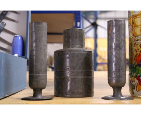 THREE PIECES OF VINTAGE ORIENTAL PEWTER TO INCLUDE A TEA CADDY AND TWO VASES