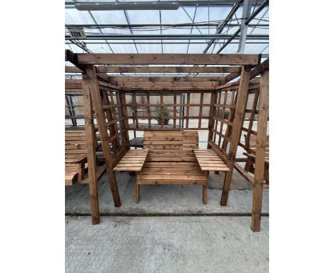 AN AS NEW EX DISPLAY CHARLES TAYLOR GARDEN FURNITURE SET TO INCLUDE ONE ARBOUR AND ONE DOUBLE SEAT WITH TWO DRINKS SHELVES
