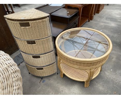 A WICKER AND BAMBOO 24" DIAMETER LAMP TABLE AND A WICKER CORNER BATHROOM CHEST
