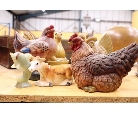 A COLLECTION OF CHICKENS TO INCLUDE THREE CERAMIC EGG HOLDERS, ETC