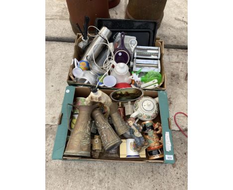 TWO BOXES OF VARIOUS HOUSEHOLD ITEMS TO INCLUDE, CERAMIC TABLE LAMP, MUGS, ETC