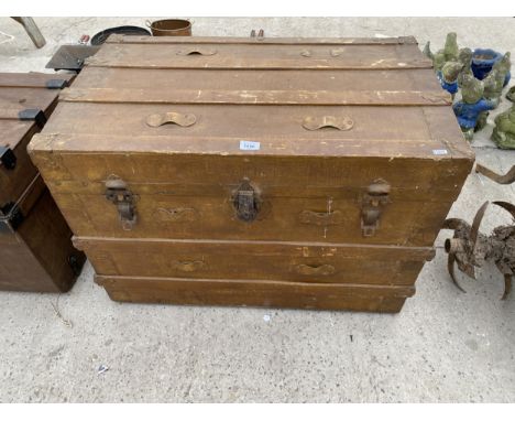 A VINTAGE WOODEN BANDED TRAVEL TRUNK