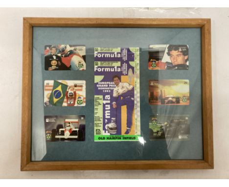 A FRAMED AYRTON SENNA COLLAGE FROM HIS LAST RACE IN ENGLAND AT DONNINGTON IN 1993 AND A £120 UNUSED RACE DAY TICKET