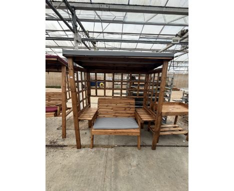 AN AS NEW EX DISPLAY CHARLES TAYLOR GARDEN FURNITURE SET. ONE DOUBLE BENCH SEAT WITH ARBOUR AND TWO ADJOINING DRINKS SHELVES.