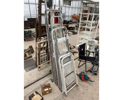 SIX VARIOUS SETS OF STEP LADDERS TO INCLUDE AN ALUMINIUM MULTIFUNCTIONAL LADDER ETC