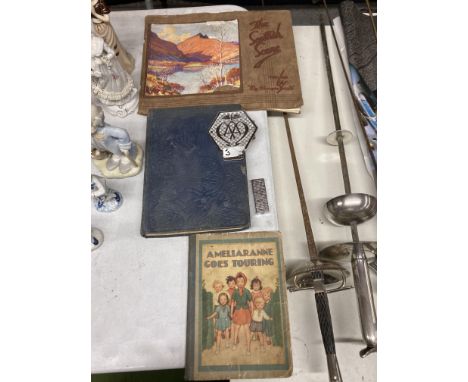 A VINTAGE AUTOMOBILE ASSOCIATION CAR BADGE TOGETHER WITH A LIGHTER AND VINTAGE BOOKS