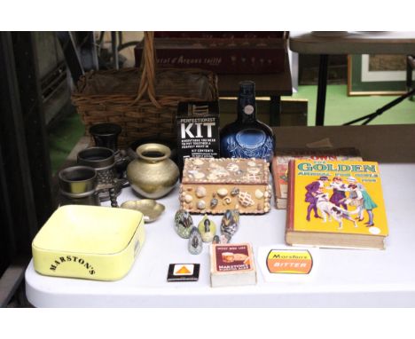 A MIXED LOT TO INCLUDE A LARGE MARSTON'S BEER ASHTRAY, PRINKNASH TANKARDS, CHIVAS REGAL CERAMIC BOTTLE, BOOKS, WOODEN DUCKS, 