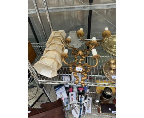 THREE GILT WOODEN TWO BRANCH WALL LIGHT FITTINGS AND SHADES