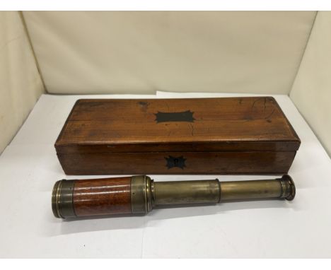 A VINTAGE OAK AND BRASS TWO DRAWER TELESCOPE, BOXED