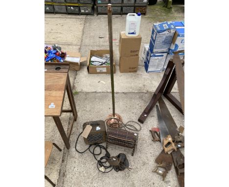 FOUR VINTAGE ITEMS A FAN, TWO HEATERS AND A DOLLY POSSER