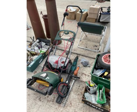 FOUR GARDEN POWER TOOLS TO INCLUDE TWO HEDGE TRIMMERS AND TWO LAWN RAKES