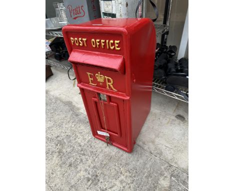 A CAST METAL E II R POST BOX WITH TWO KEYS